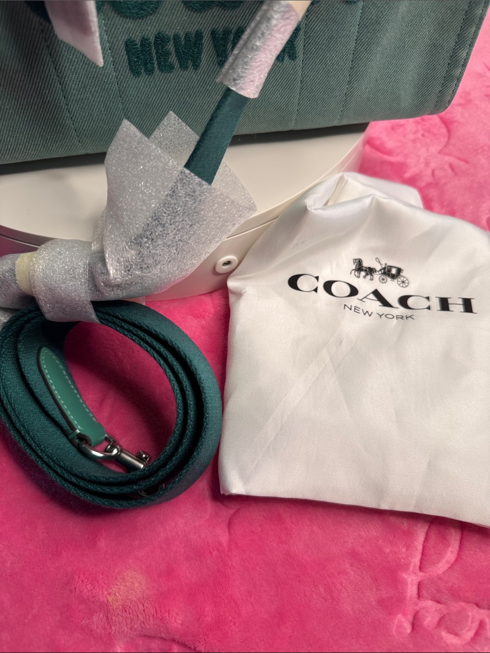 Coach 2557 Teal Denim Cargo Tote CBG46 Turnlock Snap Pockets Green Interior NWT - Picture 5 of 12